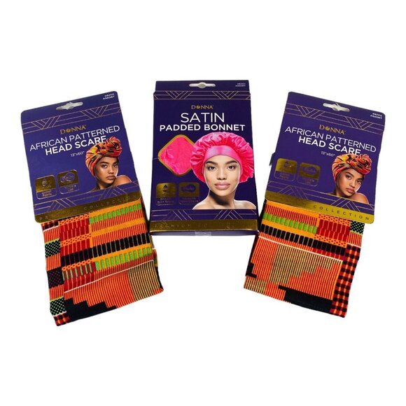 Donna African Patterned Head Scarves 13"x60" & Satin Padded Bonnet Set (3-Pack) - Picture 1 of 6